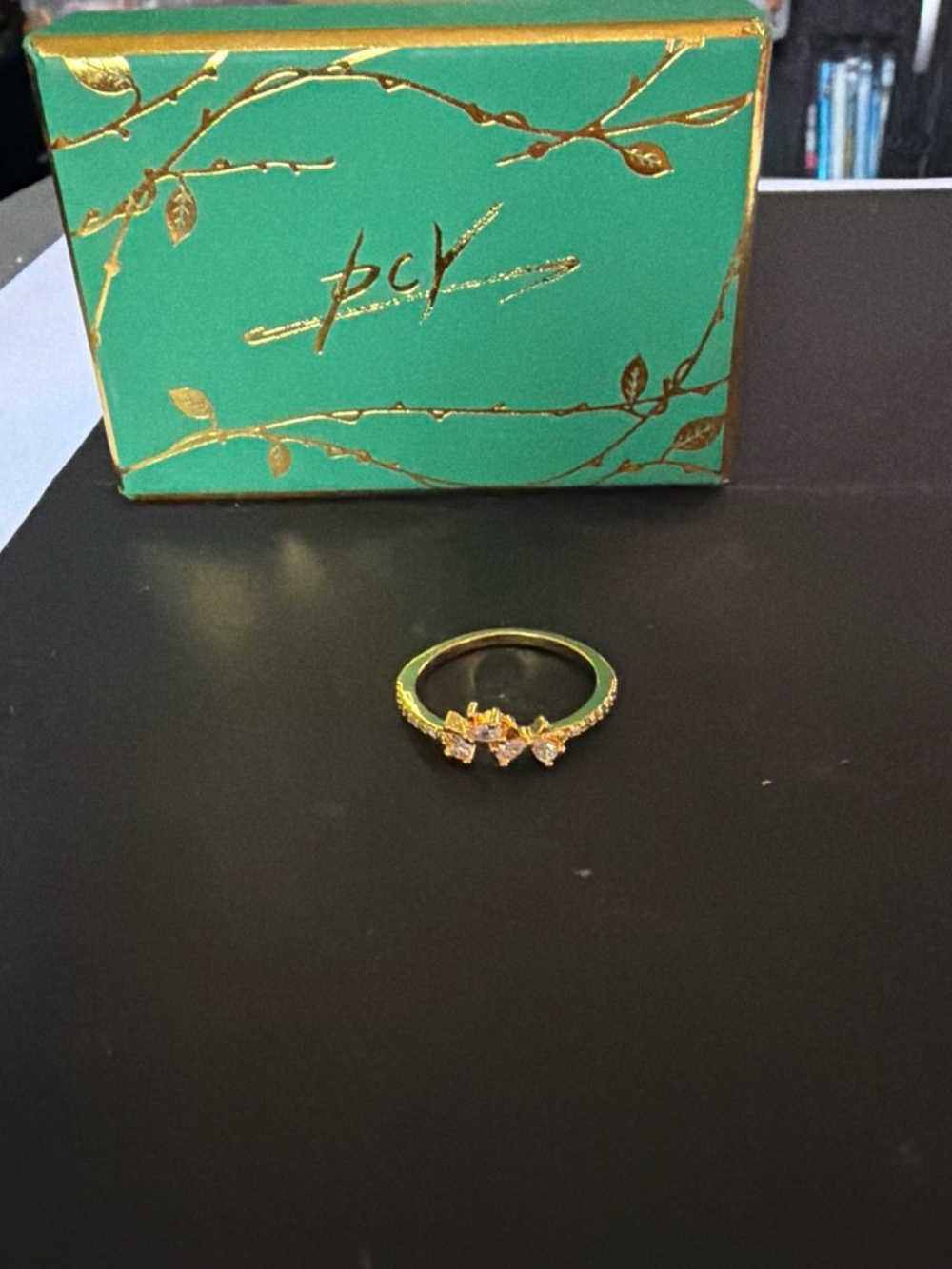 Gold Triple Crystal Accent Ring - Green Box